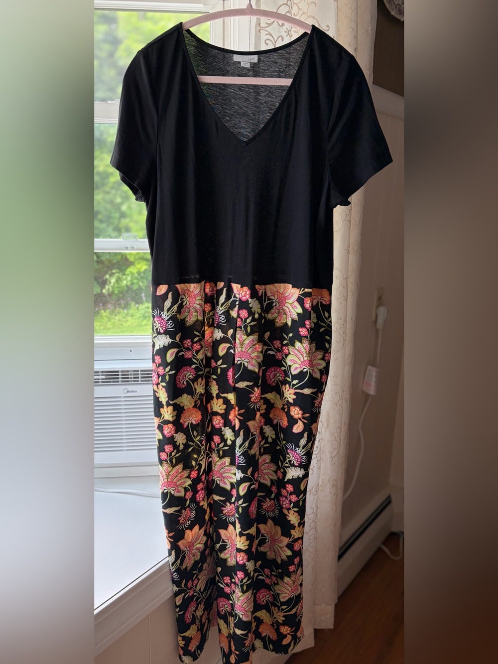 J Jill V-Neck Mixed Media Blk/Floral Tropical Maxi Sz L Resort Summer Boho EUC
